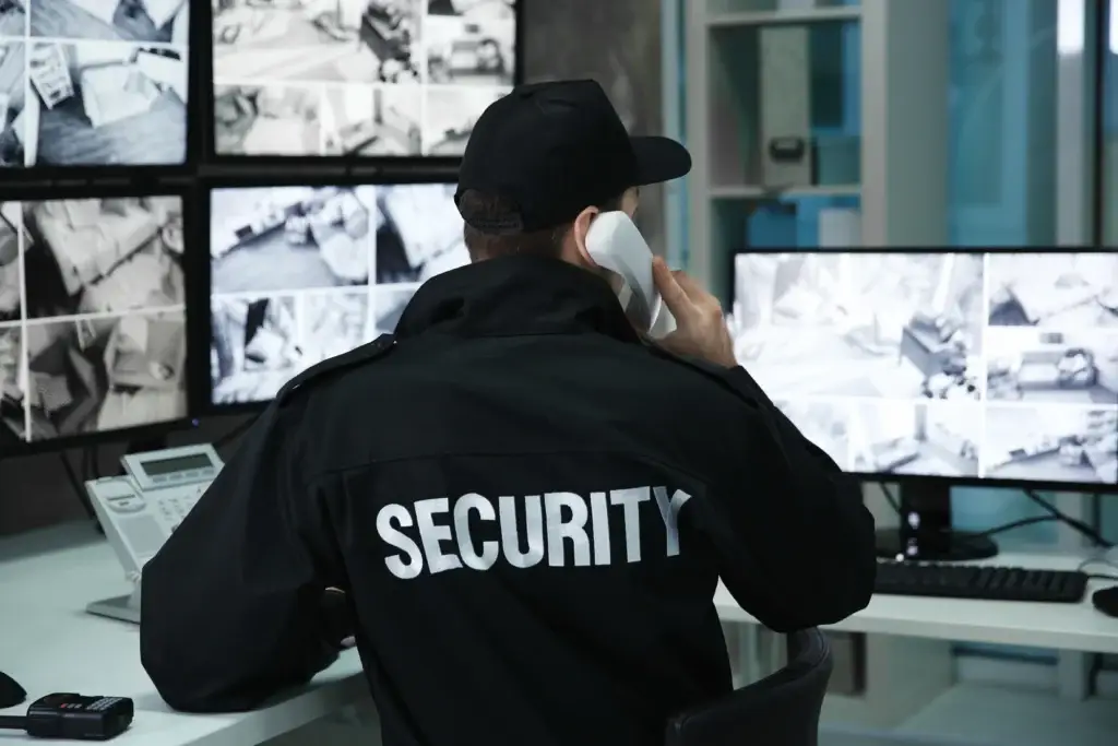 Live CCTV footage being monitored on multiple screens in a modern security operations center with Google Alarm interface visible.