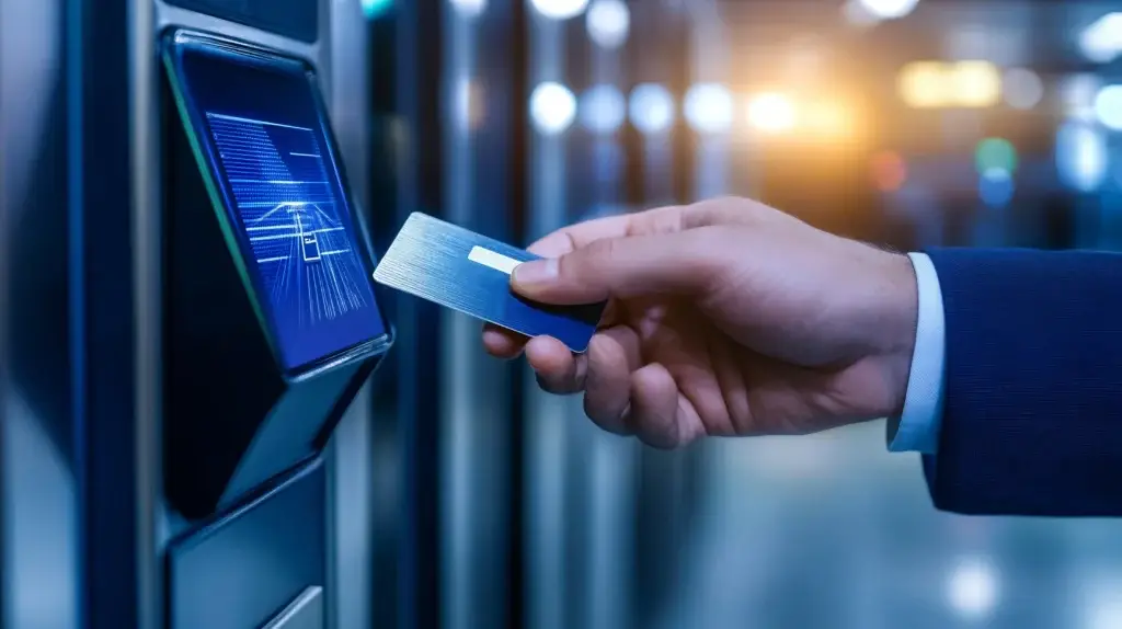 Security camera positioned outside a modern office building, representing advanced access control and surveillance integration