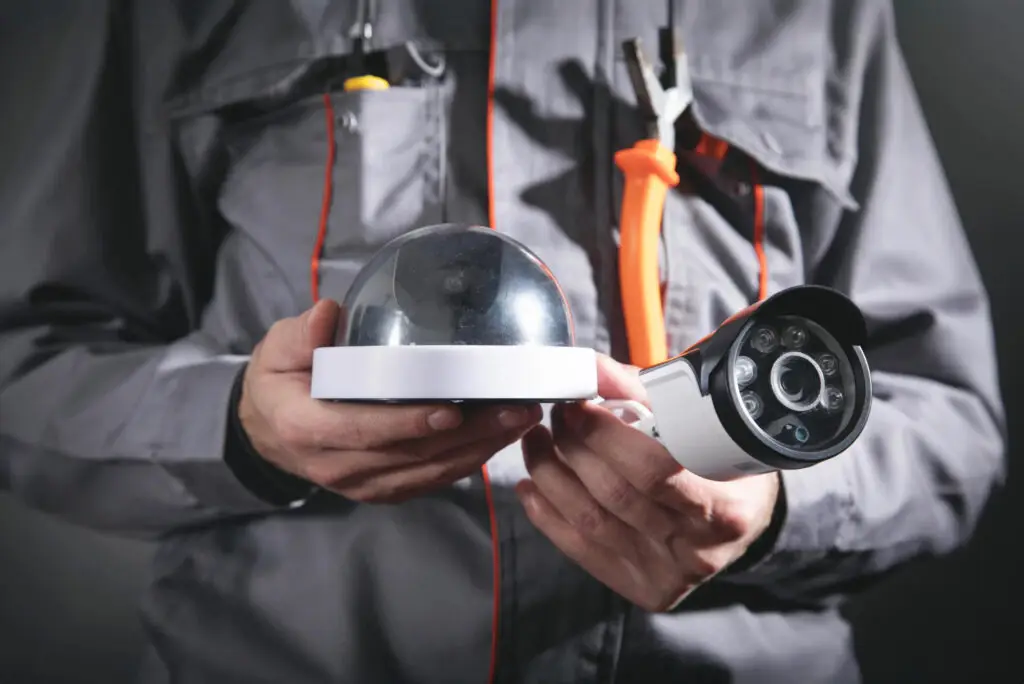 A professional CCTV installer mounts a high-definition dome camera on a brick wall of a modern UK home during daylight.