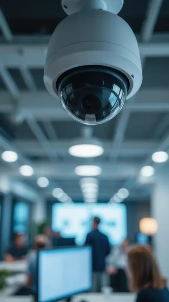 A technician has installed a high-definition CCTV camera in an office in London for 24/7 surveillance.
