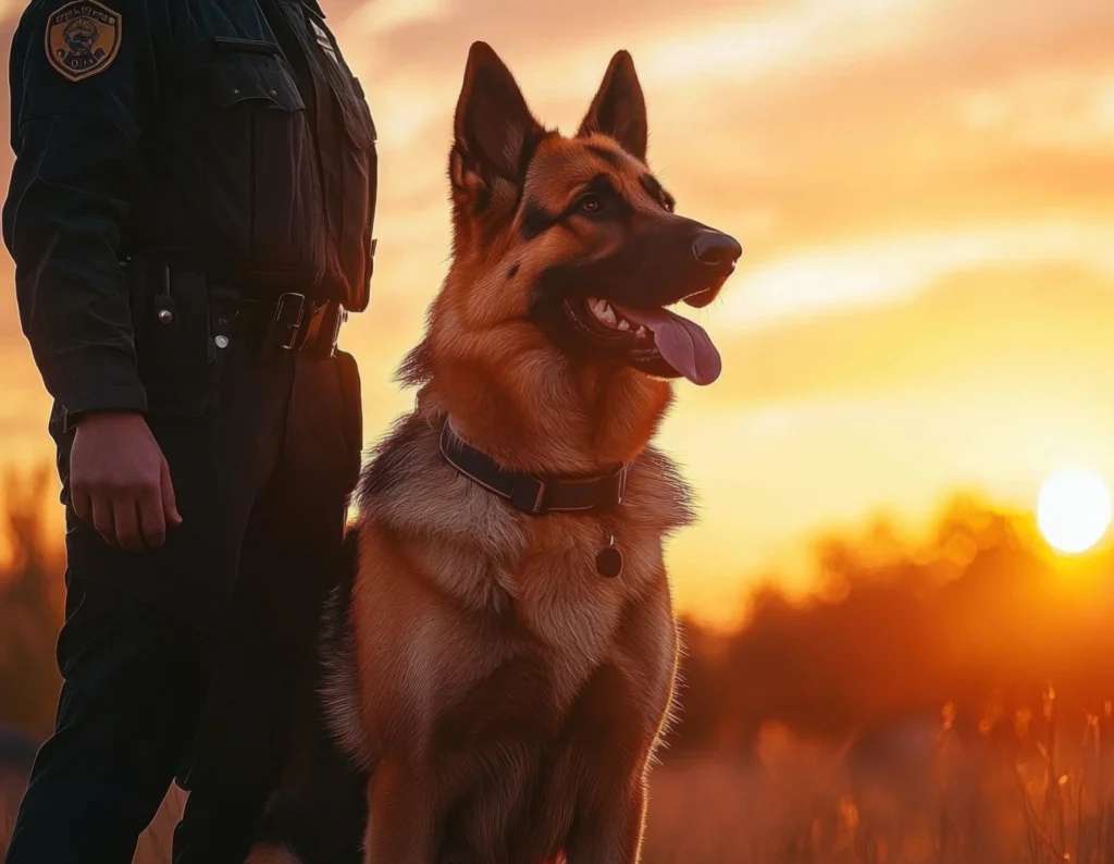 A highly trained K9 dog handler patrolling a commercial premises as part of Remote CCTV UK's professional on-site security services. Ideal for alarm response, event security, and high-risk areas across the UK