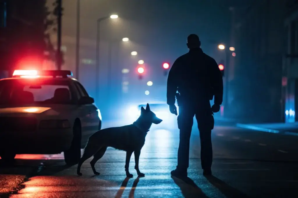 A uniformed security guard stands next to a trained K9 dog in front of a construction site in the UK during a patrol.