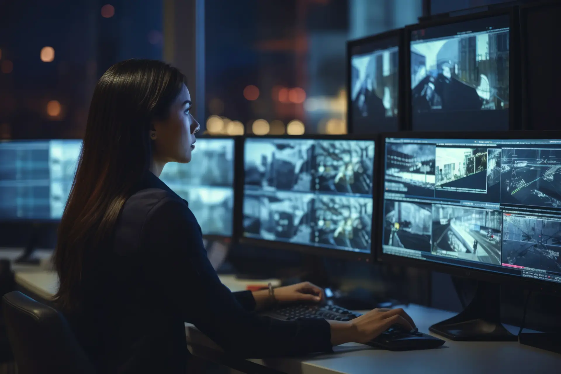 Live CCTV footage being monitored on multiple screens in a modern security
