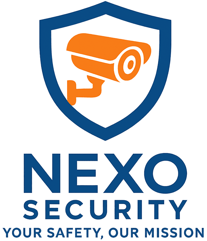 Nexo Security company logo featuring orange flame symbol with bold text, CCTV installation and security guard services branding.