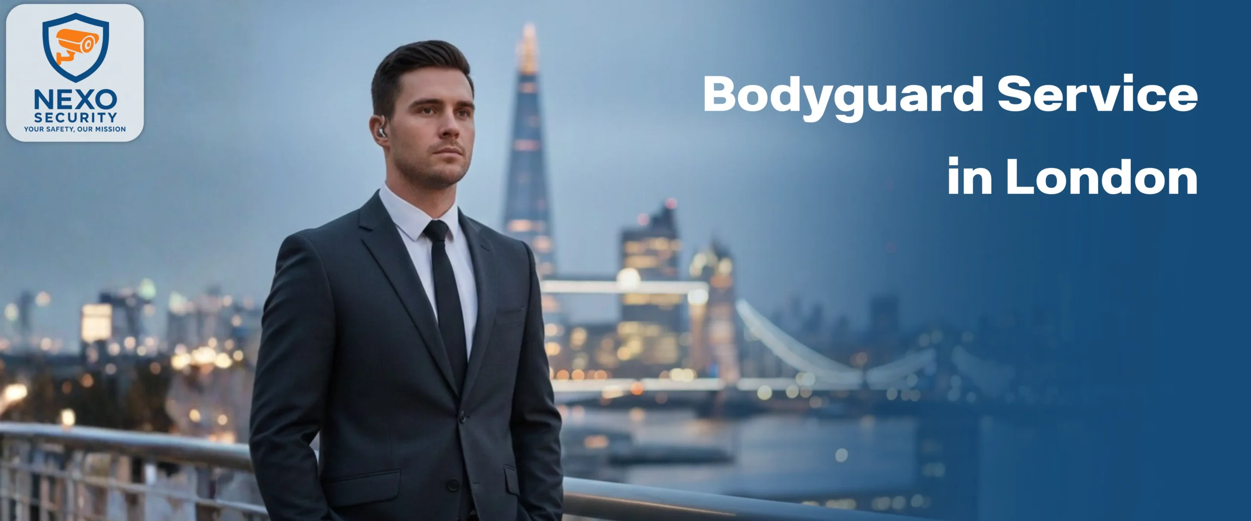 A professional bodyguard in a sharp dark suit standing against the backdrop of the London skyline, featuring the Shard and Tower Bridge at twilight.