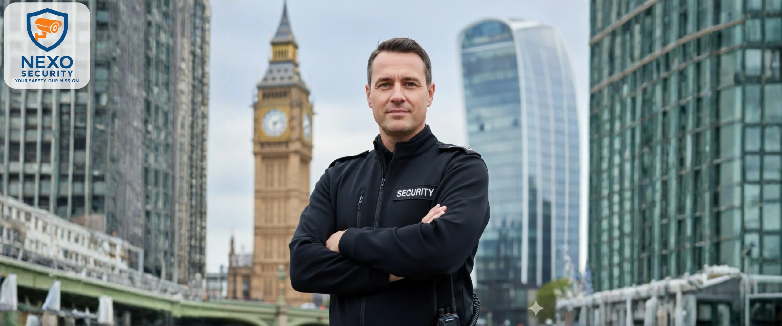 Professional SIA licensed security guard in uniform standing in front of London landmarks providing security services
