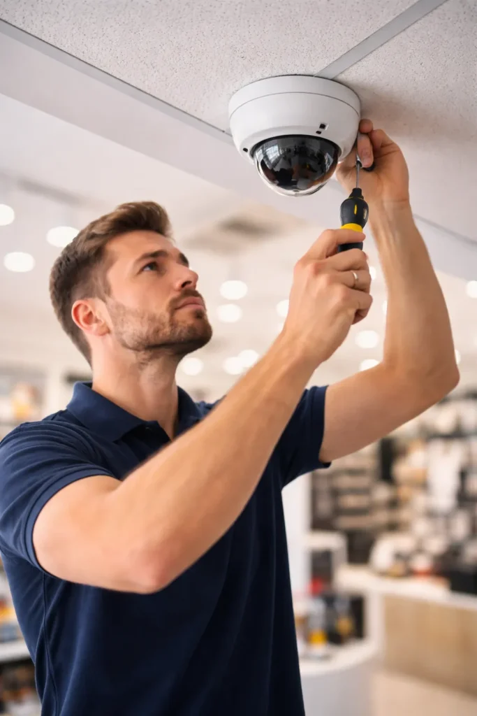 Local technician installing a modern CCTV system in Wembley for reliable property surveillance.