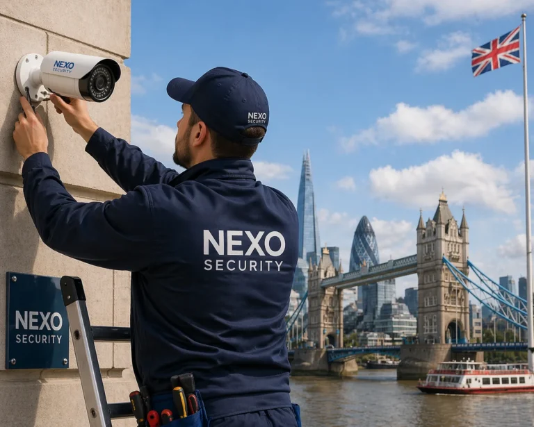 Nexo Security providing CCTV installation, alarm monitoring, access control, and security guard services in the UK
